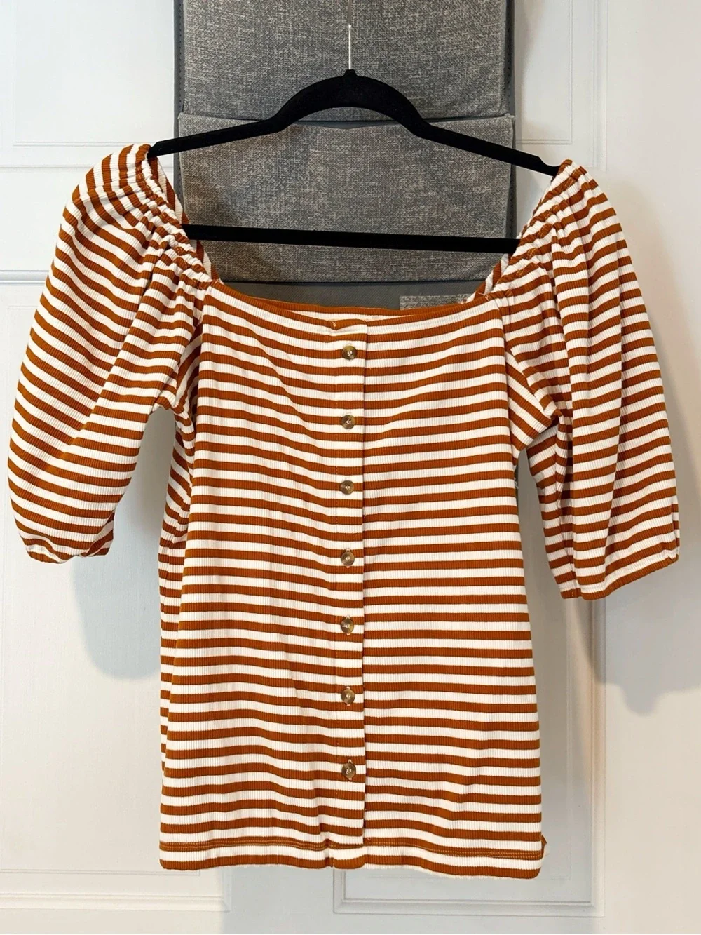 Anthropologie Porridge Striped Square Neckline Puff Sleeves Blouse Top Small